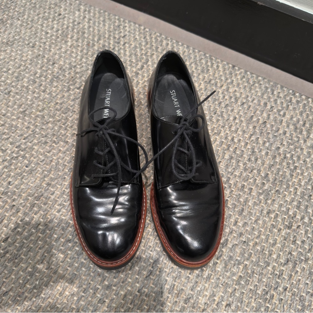 Stuart Weitzman Black Patent Leather Oxfords Brown Stripe Soles Shoes Size 7.5 - Picture 8 of 14